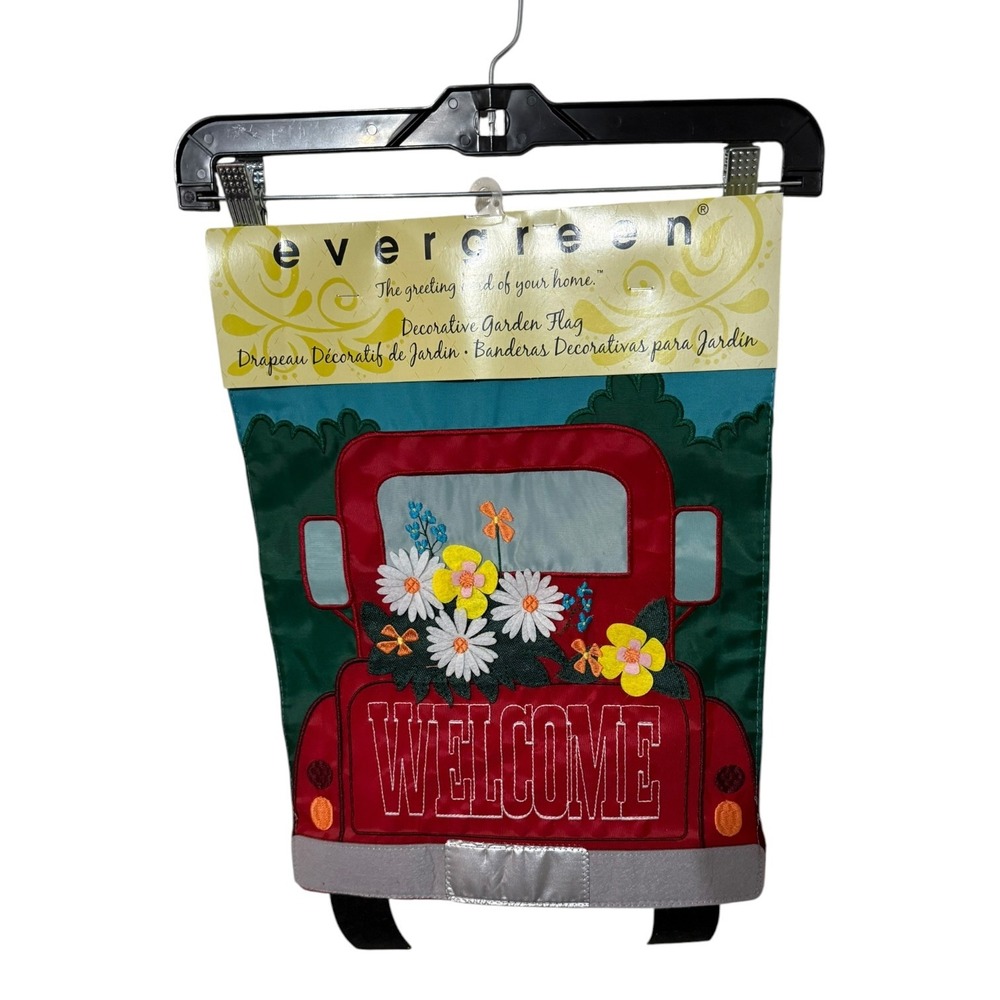 Evergreen Red Truck Welcome Garden Flag Floral Applique Outdoor  12.5x18 NEW